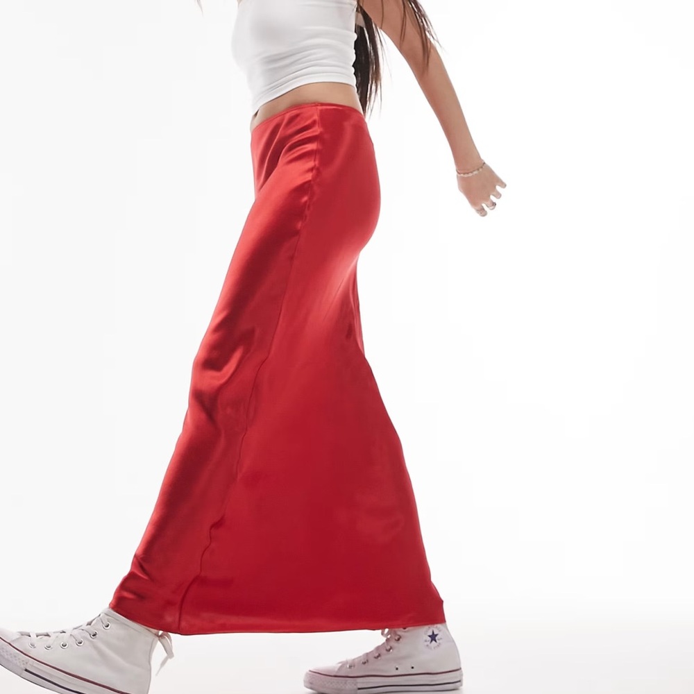Topshop Red Bias Cut Long Satin Skirt Size 2 - Picture 4 of 8